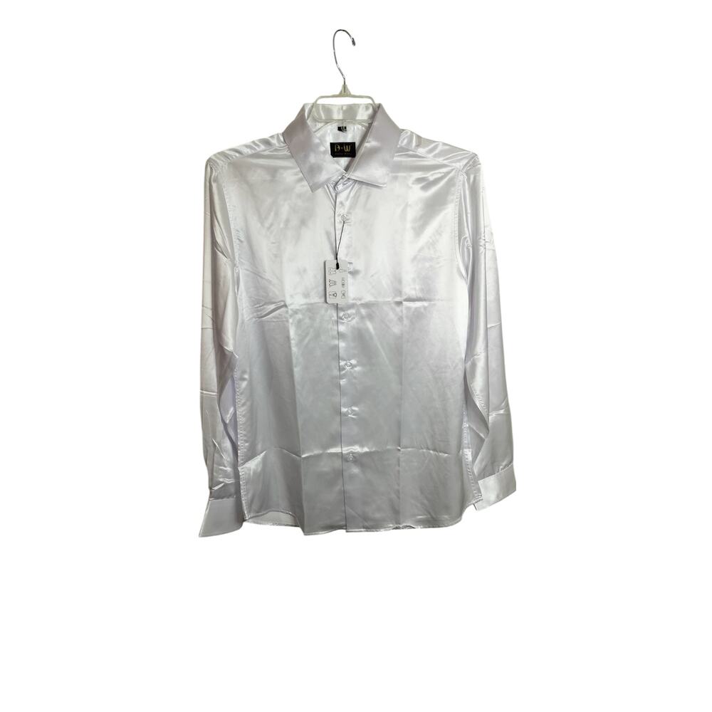 M770) Barry Wang Solid White Satin Men's Long Sleeve Button Down Dress Shirt M